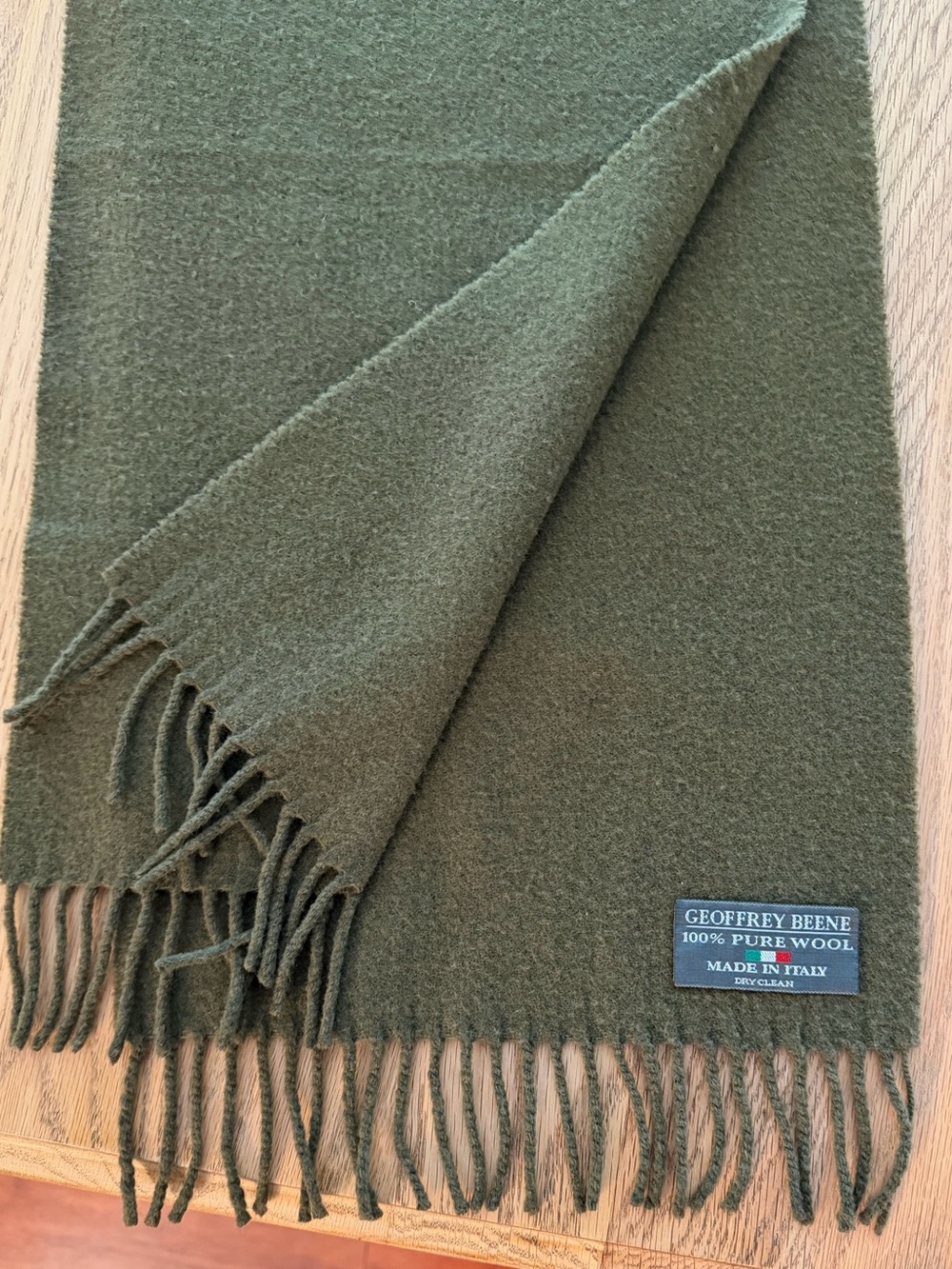 Geoffrey Beene Olive Green Solid Wool Fringe Woven Rectangle Scarf Women